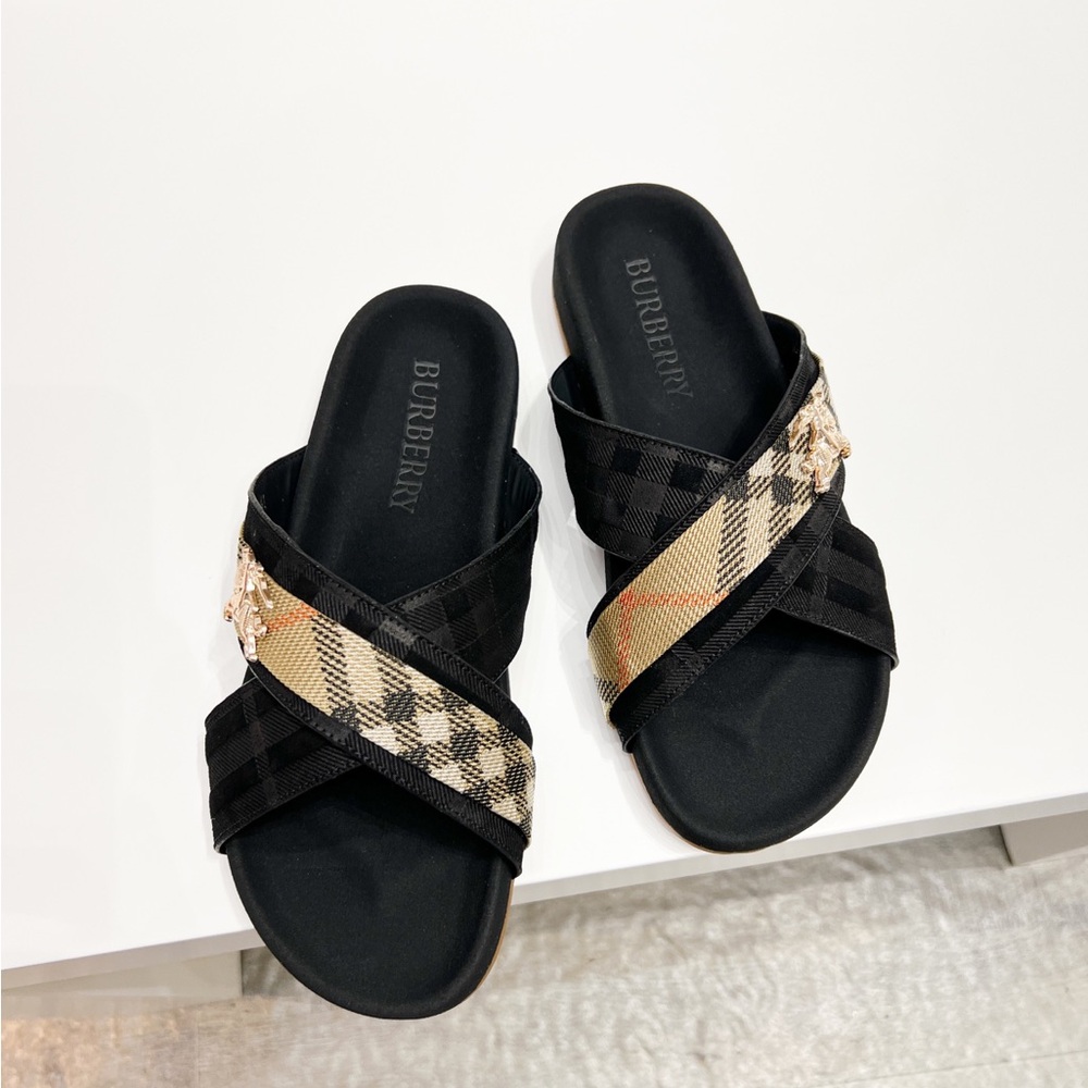 Burberry Black & Beige Check Crisscross Slide Mules